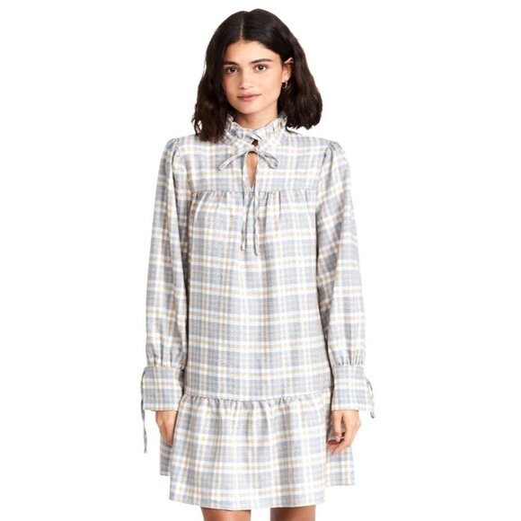 Glamorous Asos Blue Tan And Ivory Plaid‎ Ruffled Tie Neck Mini Dress Size S - Picture 1 of 11